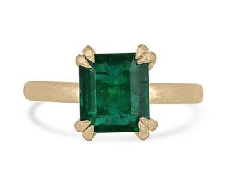 2.68ct 18K AAA Rich Green Emerald Cut Emerald Solitaire Satin Finish Gold Engagement Ring, Double Claw Prong Emerald Right Hand Ring in 750