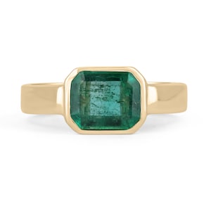 2.40cts Bezel Set Natural Dark Green Emerald Solitaire 14K Right Hand Ring, East to West Emerald Ring, Emerald Cut Emerald Gold Ring May