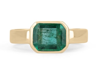 2.40 Carat Bezel Set Natural Dark Green Emerald Solitaire 14K Right Hand Ring, East to West Emerald Ring, Emerald Cut Emerald Gold Ring May