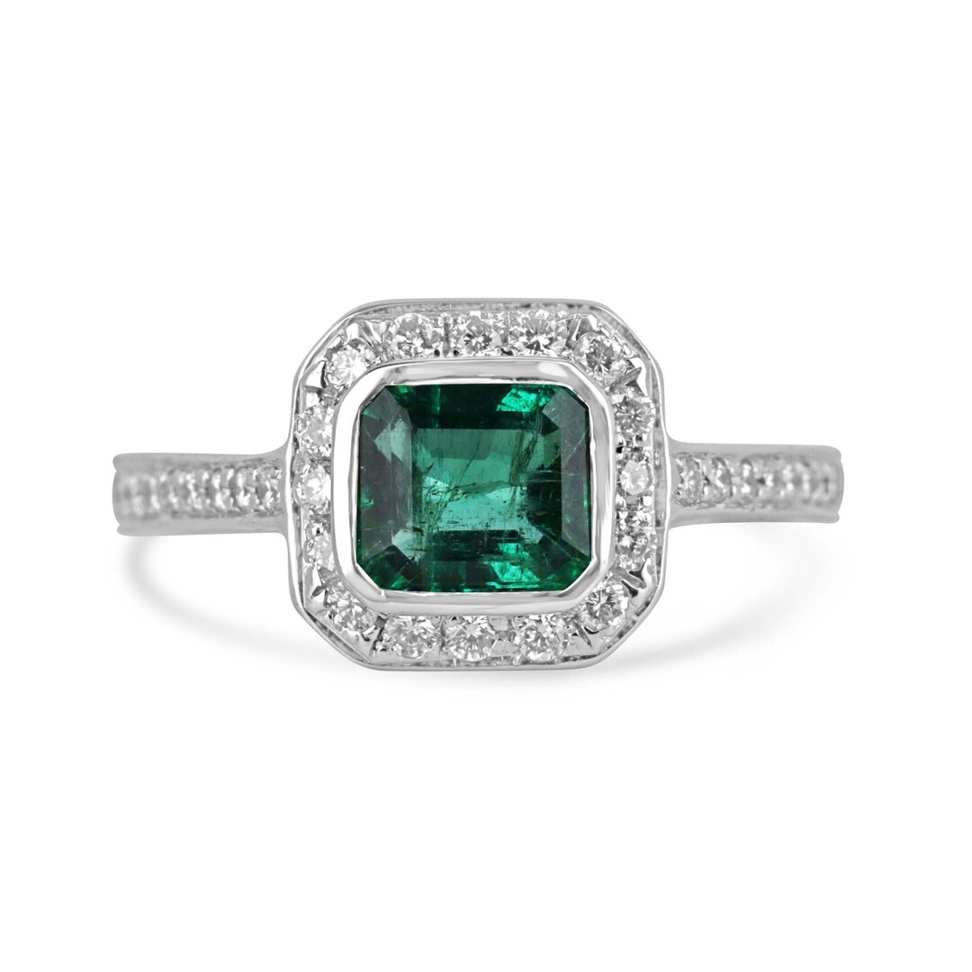 1.45tcw 18K Deep Intense Green Emerald & Diamond Halo Shank Engagement