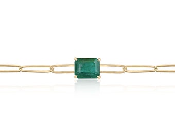 2.75ct 14K Natural Emerald Cut Emerald Solitaire Paperclip Bracelet, Lush Dark Green 4 Claw Prong Emerald Set East to West, 3.7mm Paperclip
