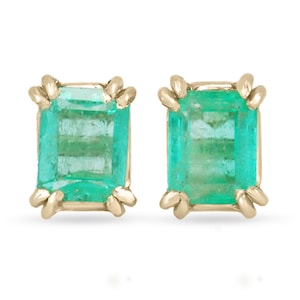 1.62tcw Emerald Earrings, Colombian Emerald Double Prong Stud Earrings, Emerald 14K Gold Studs, May Birthstone,Natural Emerald Cut Studs