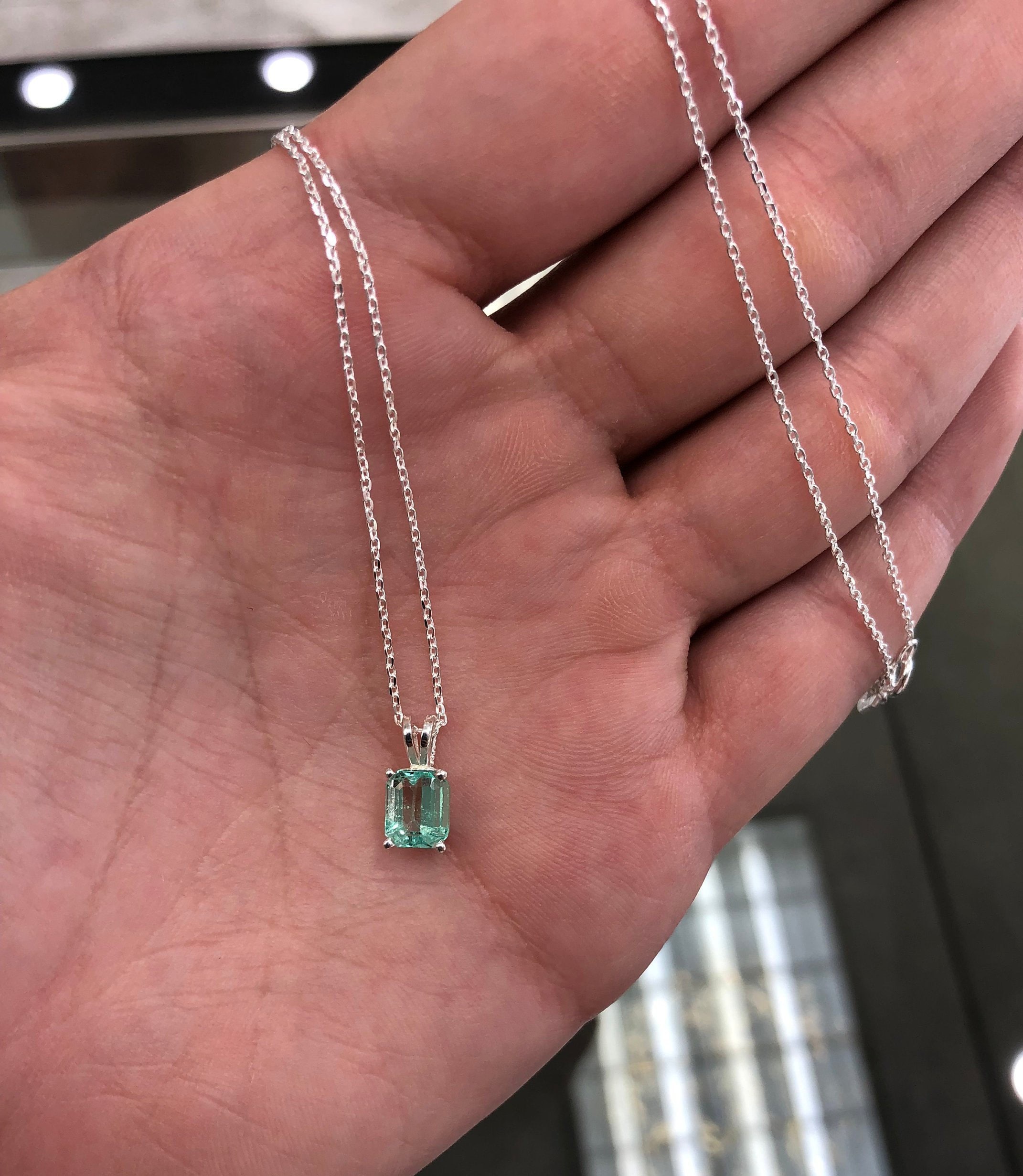 1.0 Carat Sterling Silver, Emerald Necklace, Emerald Pendant