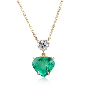 Fine Quality 4.20tcw 18K Natural Heart Emerald & Diamond 2 Stone Dangle Necklace, Heart Emerald Necklace, Emerald Heart Diamond Accent