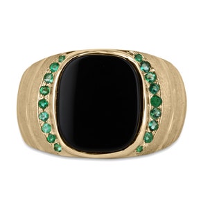 Black Onyx & Emerald Signet Ring 14k, Pointer Finger Emerald/Black Onyx Ring, Mens Emerald Wide Band Signet Ring,Mens Black Onyx Signet Ring
