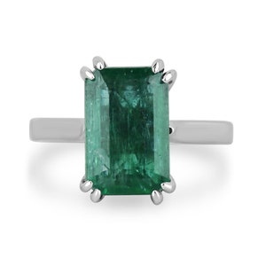 3.95ct 14K Natural Emerald Cut Emerald Solitaire Ring, Lush Dark Green Emerald, Double Claw Prong Emerald Engagement Ring, White Gold Ring