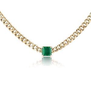 1.84ct 14K Asscher Cut Emerald Necklace Chocker, Natural Emerald Gold Necklace, Cuban Link Curb Chain Emerald Choker in Gold 14K Prong Set