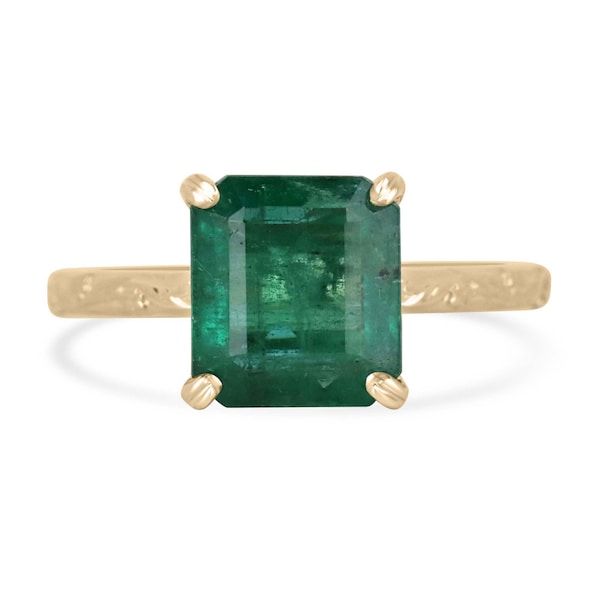 2.89ct 14K Natural Asscher Cut Emerald Solitaire Gold Ring, Lush Medium Dark Green Emerald, Floral Gold Four Prong Ring in 585 Right Hand