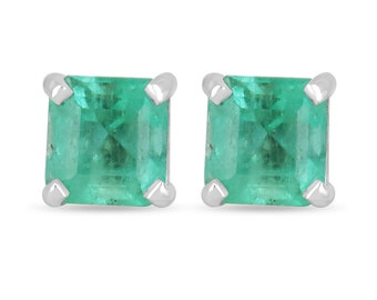 3.58tcw 14K Rare Bluish Sea Green Colombian Emerald Square Earrings, Push Back White Gold Emerald Solitaire Studs solid 14K May Birthstone