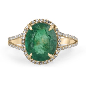4.19tcw 14K Natural Emerald Oval & Diamond Halo Split Shank Engagement Ring, Oval Emerald Halo Ring, 14K Emerald Ring, Oval Emerald Ring