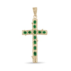 1.75tcw 18K Pre-Colombian Styled Emerald Gold Cross, Oval Emerald 750 Religious Cross, Unisex Gold Emerald PreColombian Cross in Gold