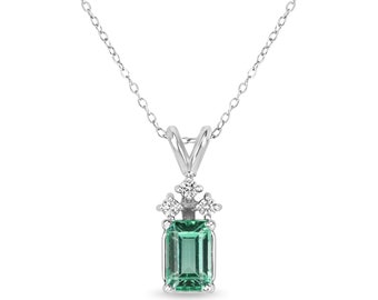 1.56tcw Petite Genuine Emerald Emerald Cut & 3 Diamond Accent Pendant 14K Gold,  Natural Emerald w Diamond Accents Pendant,Emerald Solitaire
