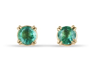 0.50tcw 14K Natural Round Cut Emerald Baby Stud Earrings, Petite Double Claw Prong Unisex Studs, Gold 3.5mm May Gift Stud Earrings in 585