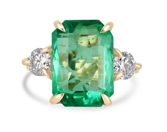 8.92tcw 18K Transparent Emerald Cut Colombian Emerald & Diamond Three Stone Ring, Vivid Medium Green Emerald and Round Cut Diamond 3 Stone