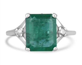 3.20tcw 14K Natural Emerald & Diamond Three Stone Ring, Dark Green Emerald Cut Emerald, Round Diamond Accent Three Stone Engagement Ring 585