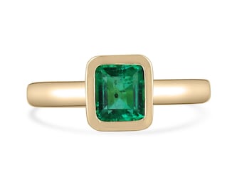 0.90ct 18K AAA Fine Quality Emerald Cut Colombian Emerald Solitaire Bezel Set Ring, Rich Dark Vivid Green Lusturious Emerald Engagement Ring