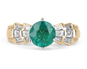 1.86tcw Emerald & Diamond Statement Ring, Emerald Ring,Emerald Gold Ring, Round Emerald Gold Ring,Emerald Solitaire w/ Accents Ring