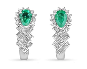 3.15cts Pear Cut Colombian Emerald & Round Diamond Drop Earrings 14k, Cluster Natural Green Emerald Earrings, Emerald Huggie Earrings