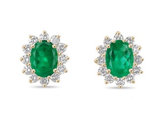 6.60tcw 18K Fine Quality Colombian Emerald & Diamond Halo Earrings, Dark Rich Green Oval Cut Emerald, Diamond Halo Prong Set Luxury Earrings