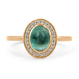 Contemporary 1.45tcw Real Cabochon Emerald Oval & Diamond Pave Halo Statement Ring, Oval Cabochon Emerald and Diamond Rose Gold Ring GIFT