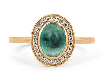 Contemporary 1.45tcw Real Cabochon Emerald Oval & Diamond Pave Halo Statement Ring, Oval Cabochon Emerald and Diamond Rose Gold Ring GIFT
