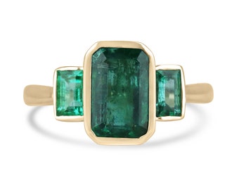 2.30tcw 14K Natural Emerald Cut Emerald Trilogy Ring, Lush Green Emerald Three Stone Gold Ring in 585, Dark Green Emerald Bezel Set Ring