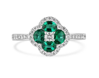 0.95tcw 14K Vivid Green Oval Cut Emerald & Brilliant round Cut Diamond Halo + Shank Floral Styled White Gold Ring, Statement Cluster Ring