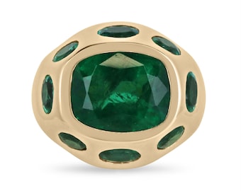 11.61tcw 18K Natural Multi-Emerald Statement Ring, Cushion Cut Emerald & Oval Cut Emerald Bezel 9 Stone Gold Ring, Gypsy Emerald Ring 18K