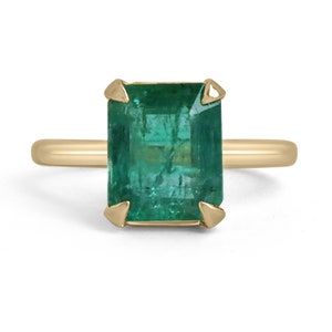 4.10ct 18K Natural Emerald Cut Emerald Solitaire Gold Ring, Four Prong Half Bezel Set Yellow Gold Engagement Ring,Medium Mossy Green Emerald