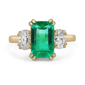 4.16tcw 18K AAA Colombian Emerald-Emerald Cut & Oval Cut Diamond Three Stone Engagement Ring,Vivid Medium Dark Green Emerald Solid Gold Ring