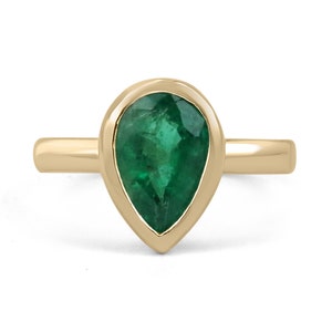 Dark Forest Green 2.40ct Pear Emerald Bezel Solitaire Engagement Ring 14k, Bezel Pear Emerald Gold Ring,Teardrop Emerald Solitaire Ring gift