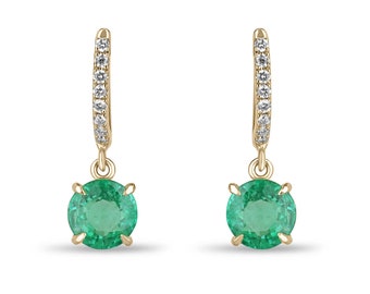 2.80tcw 14K Natural Round Emerald & Diamond Accent Knife Edge Huggie Dangle Earrings, Vivid Spring Green Colombian Emerald Dangles in 585