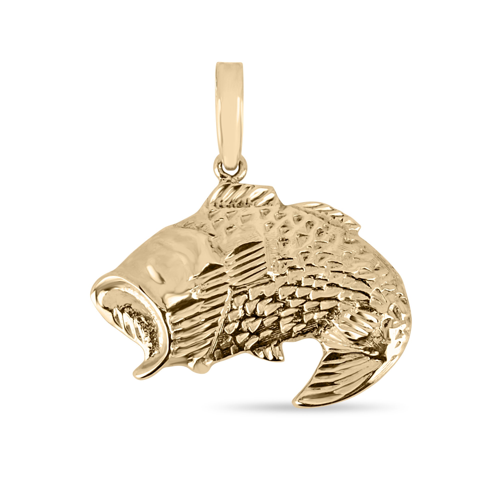 Bass Gold Fish Pendant, Gold Fish Pendant 14K, Fresh Water Fish Pendant, Bass Fish Charm Yellow Gold, Bass Fish Pendant 14K
