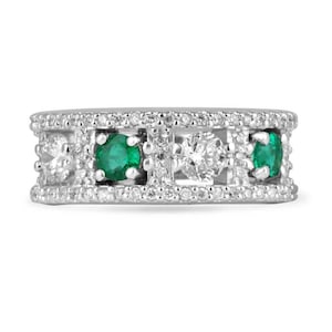 2.10tcw 18K AAA Colombian Emerald & Diamond Anniversary Band, Round Cut Emerald and Diamond White Gold Band Ring, Pave Diamond Border Accent