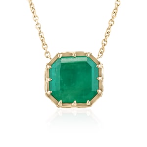 18ct 18K Impressive Colombian Emerald Georgian Styled Pendant Necklace, Asscher Cut Colombian Emerald Vintage Pendant Necklace, Multi-Prong