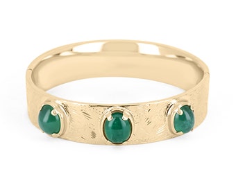 Pulsera rígida de oro de 14 quilates con tres piedras: esmeralda cabujón natural de 14,82 quilates, pulsera con esmeralda cabujón de talla ovalada natural, pulsera florentina de 14 quilates