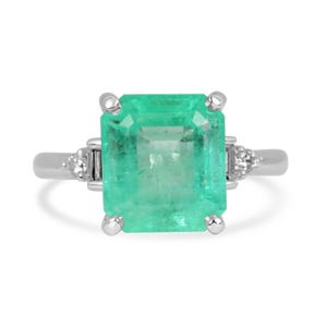 5.12tcw 14K Seafoam Green Colombian Emerald & Diamond Accent Engagement Ring, Large Emerald Cut Emerald, Baguette Round Diamond Accent Ring
