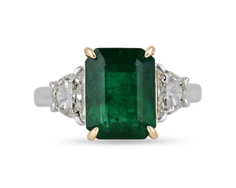 4.79tcw 18K PLAT AAA Fine Quality Emerald & Diamond Three Stone Ring, Dark Rich Green Emerald Cut Emerald, VVS2 Half Moon Diamond Prong Ring