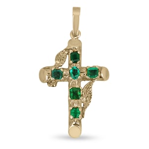 1.75tcw 14K Dark Vivid Green Real Emerald Gold Cross Pendant, Medium Dark Green Emerald Unisex Cross, 14K Religious Emerald Cross Necklace