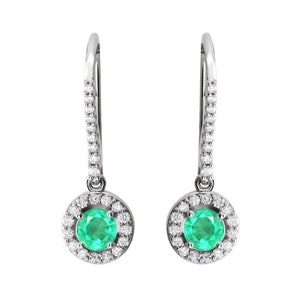 1.20tcw White Halo-Style French Hook Round Natural Emerald and diamond Halo Earrings, Trendy Emerald Halo Earrings White Gold 14K Gift
