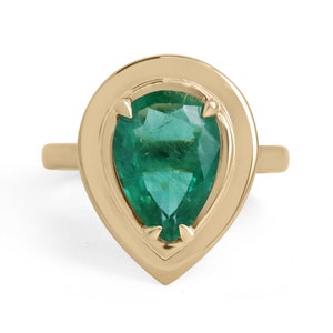 3.10ct 18K Pear Cut Emerald Solitaire Half Bezel Ring, Four Prong Pear Solid Gold Ring, Statement Solitaire Dark Green Emerald Vintage Ring