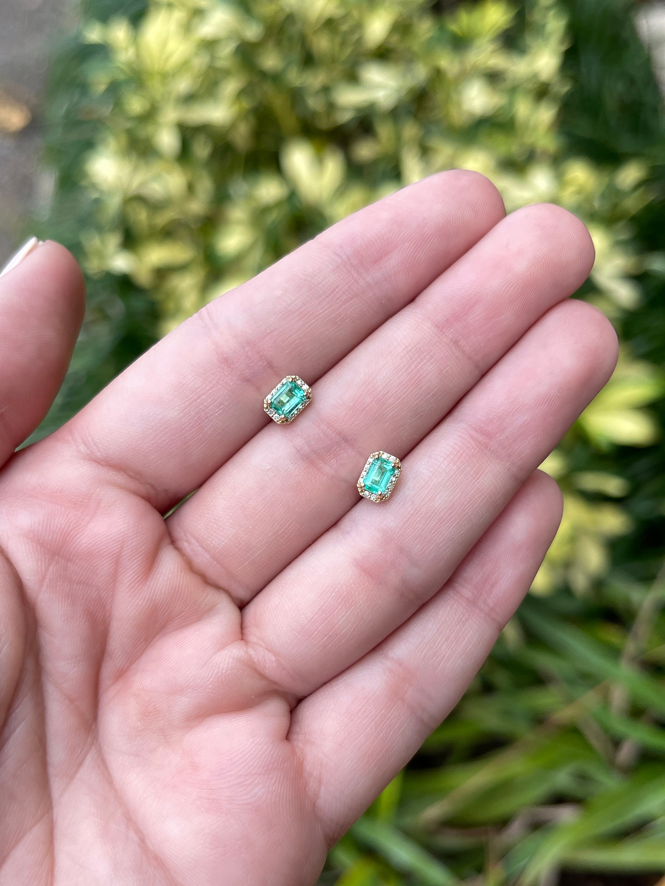 ピアス VINTAGE HOLLYWOOD Bezel Emerald Cut Earrings 5BNY505 0.92tcw Classic 7x5 Natural Emerald Cut Emerald & Diamond