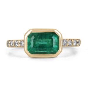2.62tcw 14K Natural Emerald Cut Emerald Bezel Set & Diamond Shank Ring, E-W Emerald+Diamond Accents Ring,  East West Bezel Emerald Ring 14K