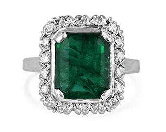 4.49tcw 14K Dark Green Emerald Cut Emerald Set Vertical & Round Cut Diamond Halo in White Gold 585 Prong Set Engagement/Right Hand Ring