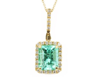 4.18tcw Natural Real Genuine Emerald & Diamond Halo Pendant 14k, Emerald Diamond Halo Pendant, 18K Emerald Halo Pendant, May Birthstone Gift