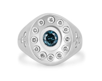 1.24tcw 14K Natural Blue Diamond & Diamond Halo Statement Ring, Round Cut Blue Diamond Bezel Set Unisex Ring, White Gold 585 Chunky Thick