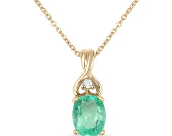 1.43 Carats Yellow OR White Solid Gold Natural Emerald Oval Accented Diamond Pendant 14K Genuine Emerald Gold Emerald Necklace