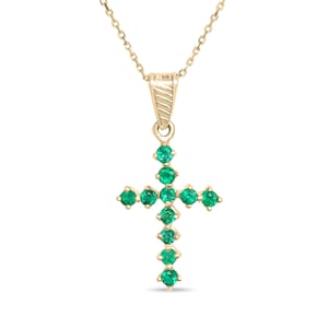 0.75tcw 18k Yellow Gold Emerald Prong Tennis Cross,Round Natural Emerald Cross Pendant, Womens Gold Emerald Pendant, Mens Cross Pendant