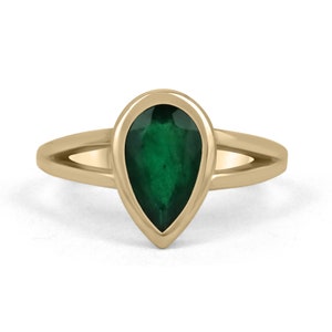 1.10ct 14K Natural Dark Green Pear Cut Emerald Ring, Teardrop Emerald Engagement Gold Ring, Bezel Set with Split Shank Emerald Yellow Gold
