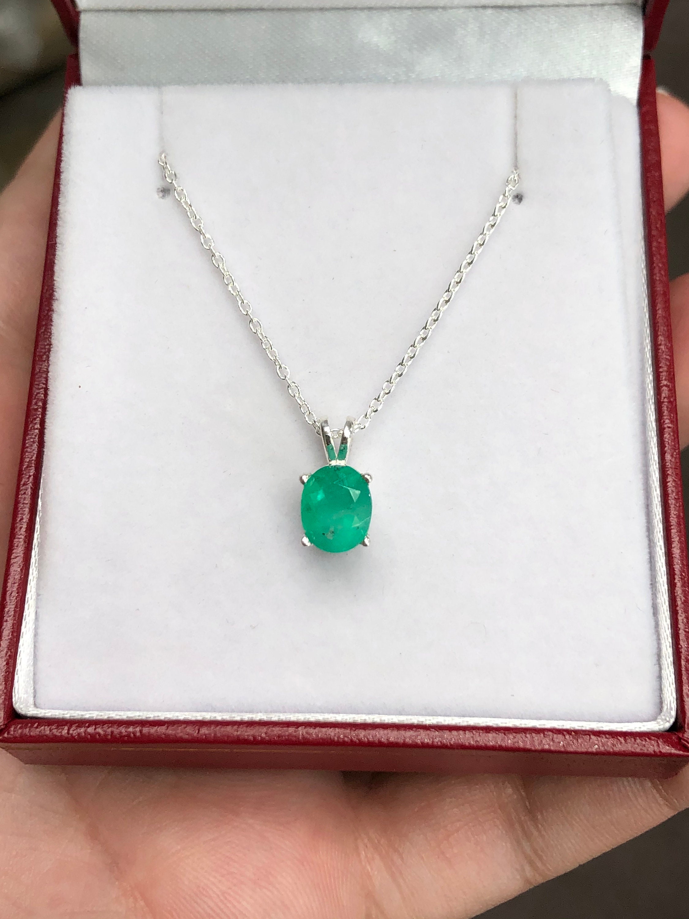 1.60 Carat Medium Rich Green Oval Emerald Pendant Sterling Silver, Oval Cut Emerald Necklace,Natural Emerald Jewellery May Birthstone